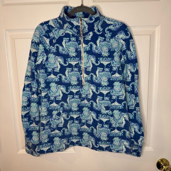 Lilly Pulitzer Blue and White 3/4 Zip Sweatshirt Thailand inspired pattern GUC - Picture 1 of 9